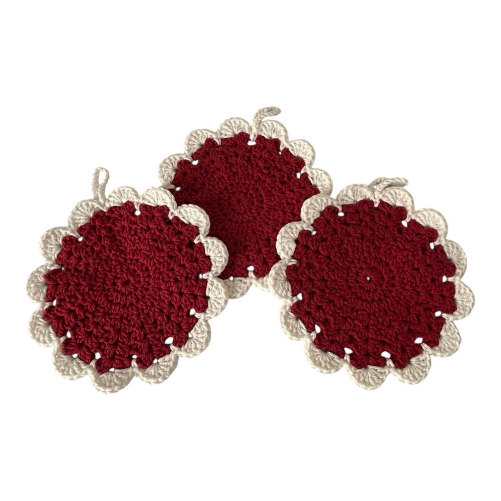 Handmade Crochet Pot Holder Set of Three Red White 8”